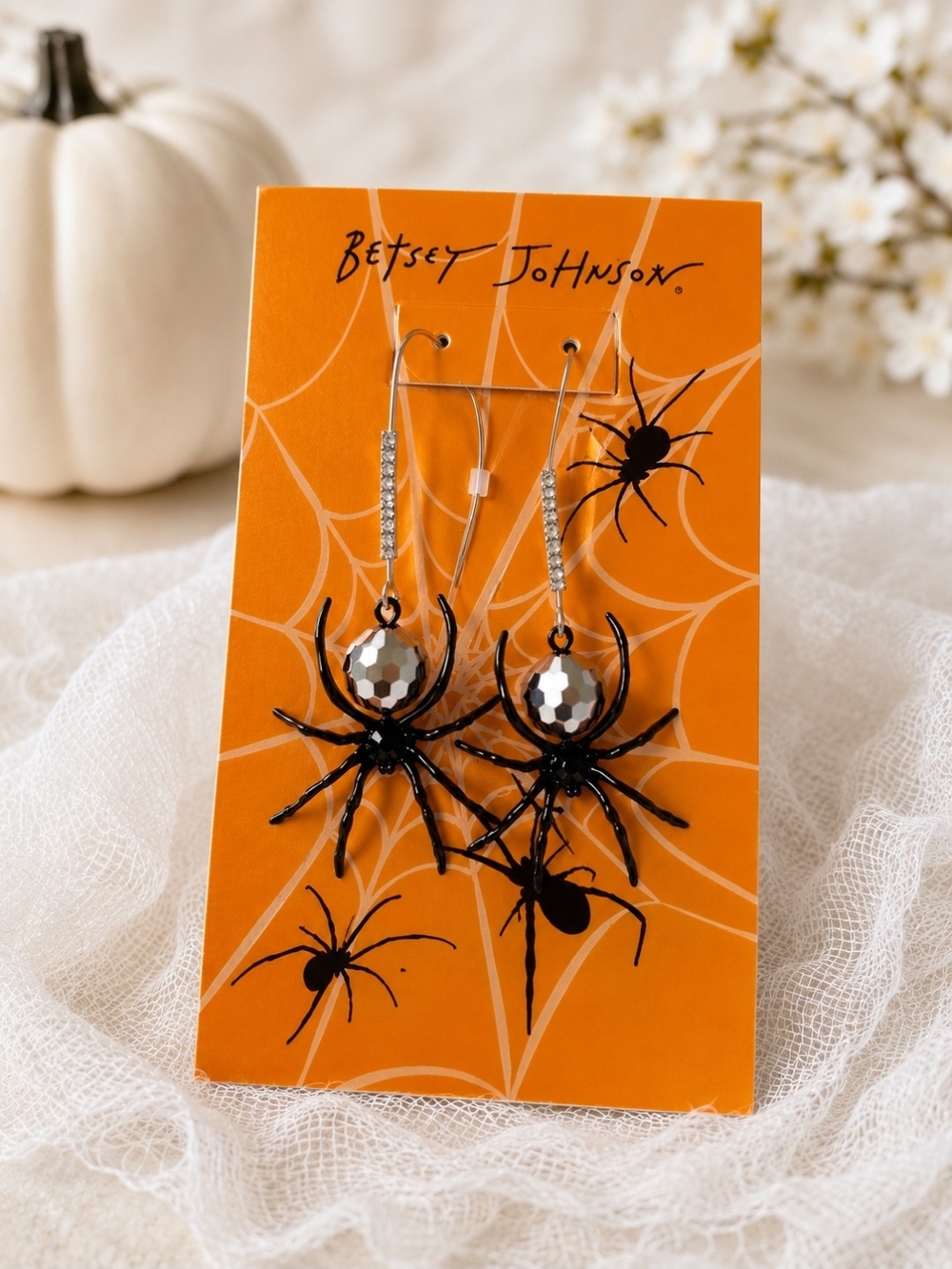 Betsey Johnson Black & Silver Spider Drop Earrings